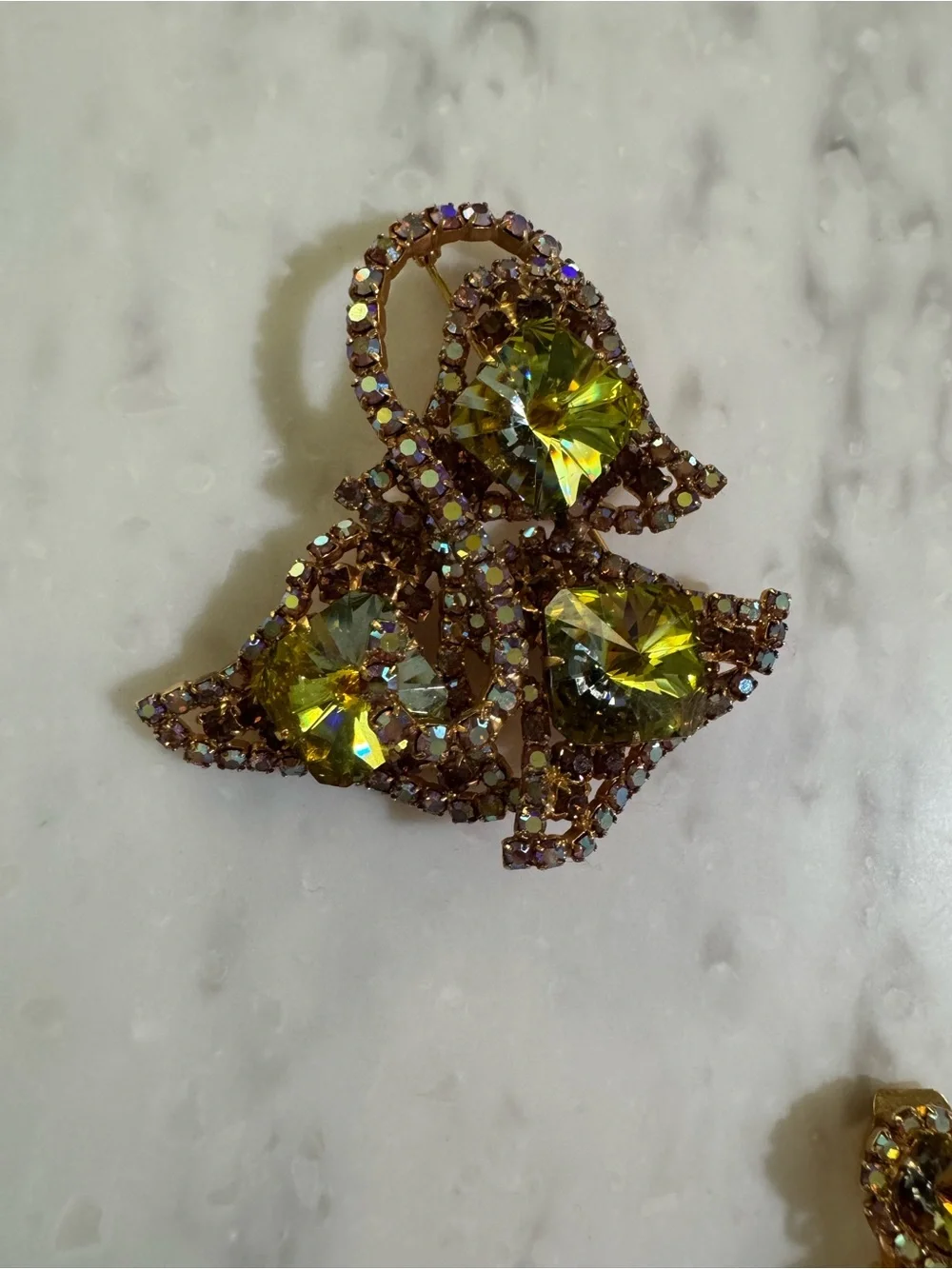 Vintage Antique-Vibe Gold Toned Bold Green Brooch, Earring, and Necklace Set